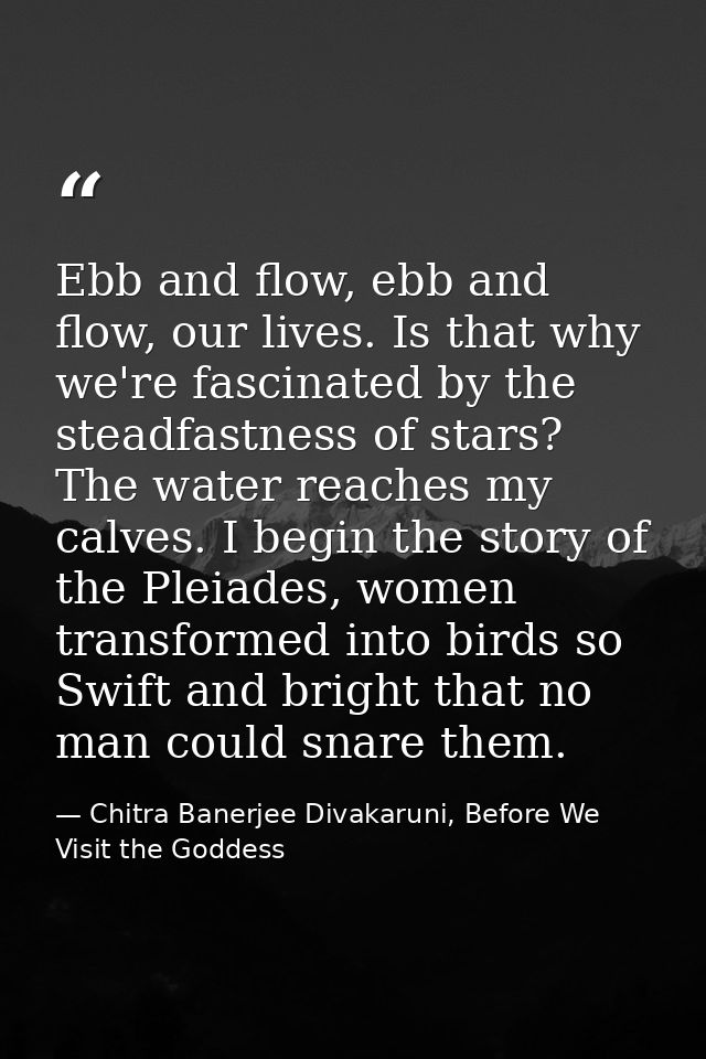 Ebb and flow, ebb and flow, our lives. Is that why we're fascinated by the steadfastness of stars? The water reaches my  — Chitra Banerjee Divakaruni, Before We Visit the Goddess