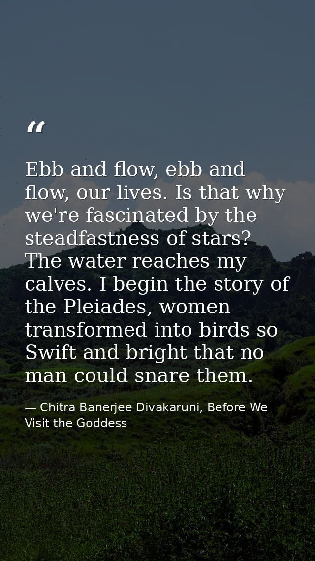 Ebb and flow, ebb and flow, our lives. Is that why we're fascinated by the steadfastness of stars? The water reaches my  — Chitra Banerjee Divakaruni, Before We Visit the Goddess