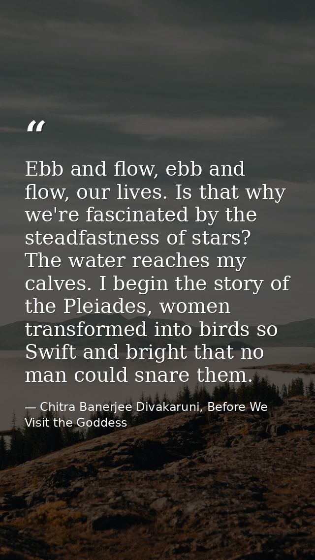 Ebb and flow, ebb and flow, our lives. Is that why we're fascinated by the steadfastness of stars? The water reaches my  — Chitra Banerjee Divakaruni, Before We Visit the Goddess