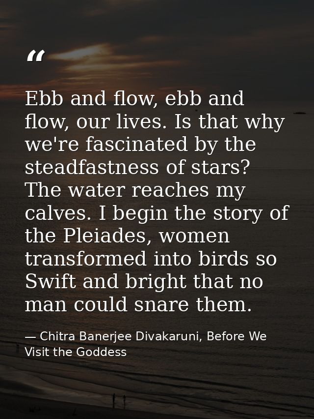 Ebb and flow, ebb and flow, our lives. Is that why we're fascinated by the steadfastness of stars? The water reaches my  — Chitra Banerjee Divakaruni, Before We Visit the Goddess