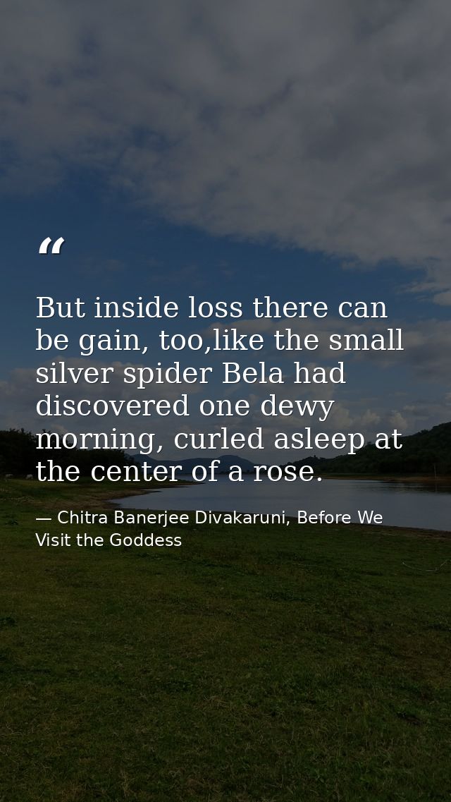 But inside loss there can be gain, too,like the small silver spider Bela had discovered one dewy morning, curled asleep  — Chitra Banerjee Divakaruni, Before We Visit the Goddess
