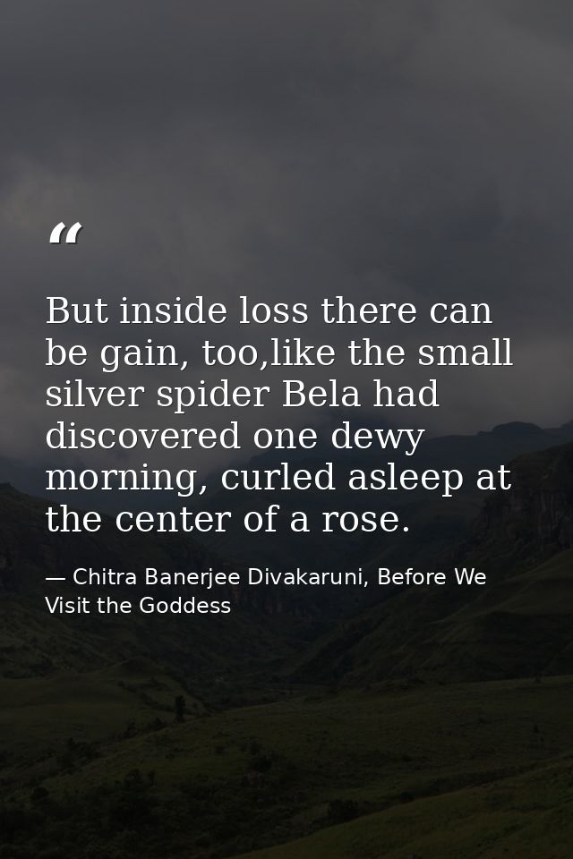 But inside loss there can be gain, too,like the small silver spider Bela had discovered one dewy morning, curled asleep  — Chitra Banerjee Divakaruni, Before We Visit the Goddess