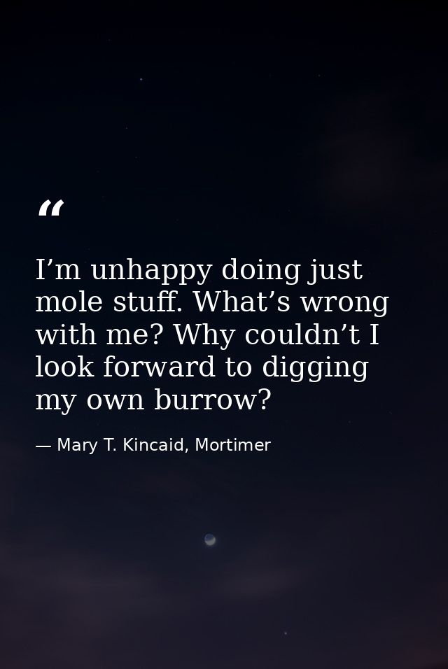 I’m unhappy doing just mole stuff. What’s wrong with me? Why couldn’t I look forward to digging my own burrow? — Mary T. Kincaid, Mortimer