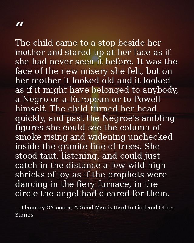 The child came to a stop beside her mother and stared up at her face as if she had never seen it before. It was the face — Flannery O'Connor, A Good Man is Hard to Find and Other Stories