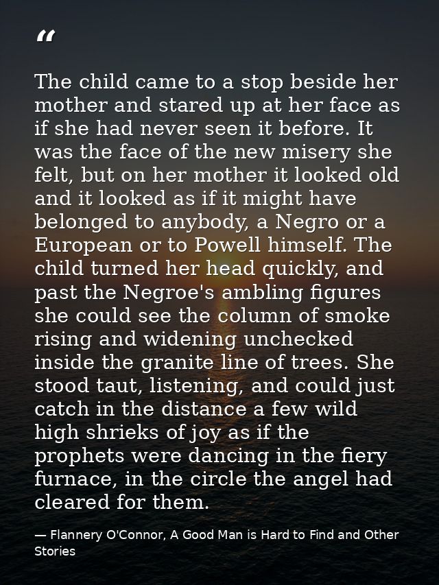 The child came to a stop beside her mother and stared up at her face as if she had never seen it before. It was the face — Flannery O'Connor, A Good Man is Hard to Find and Other Stories