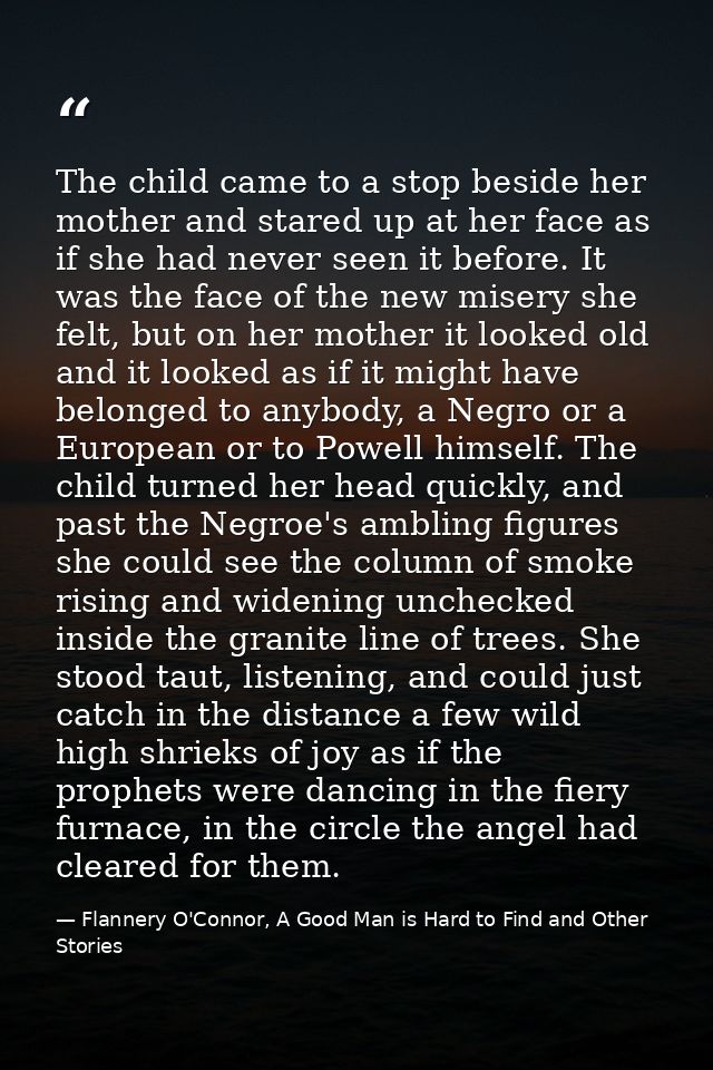 The child came to a stop beside her mother and stared up at her face as if she had never seen it before. It was the face — Flannery O'Connor, A Good Man is Hard to Find and Other Stories