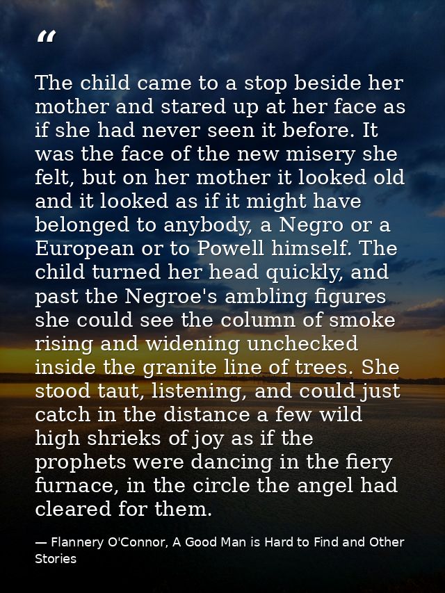 The child came to a stop beside her mother and stared up at her face as if she had never seen it before. It was the face — Flannery O'Connor, A Good Man is Hard to Find and Other Stories