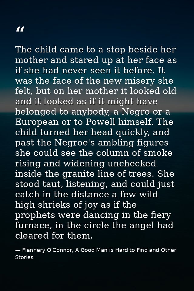 The child came to a stop beside her mother and stared up at her face as if she had never seen it before. It was the face — Flannery O'Connor, A Good Man is Hard to Find and Other Stories