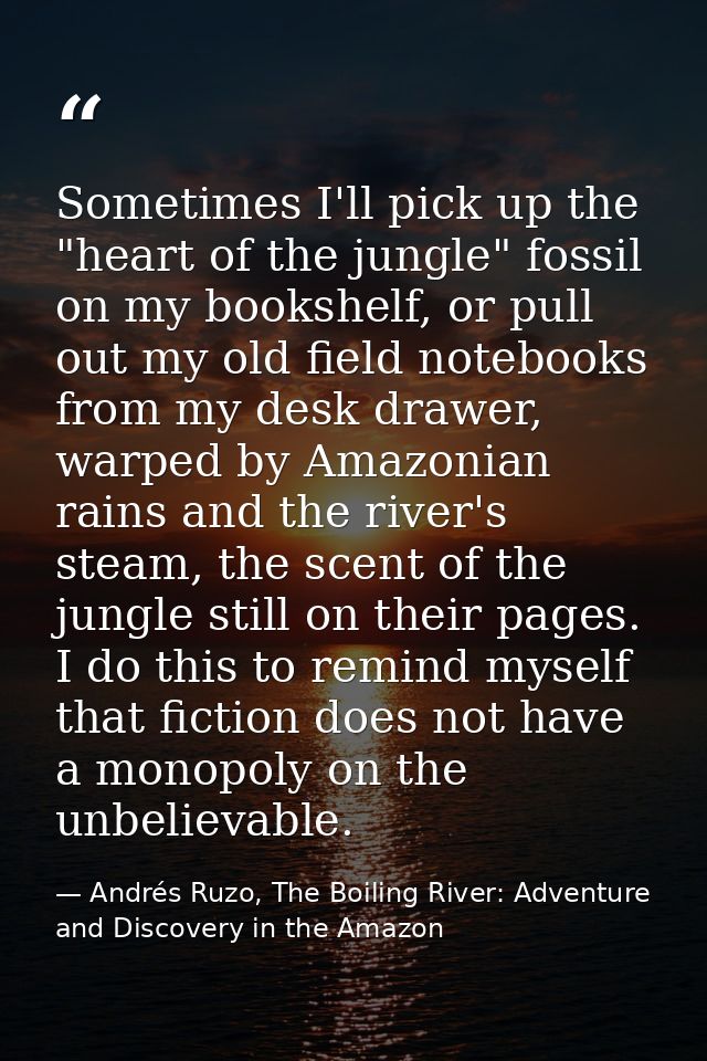 Sometimes I'll pick up the "heart of the jungle" fossil on my bookshelf, or pull out my old field notebooks from my desk — Andrés Ruzo, The Boiling River: Adventure and Discovery in the Amazon