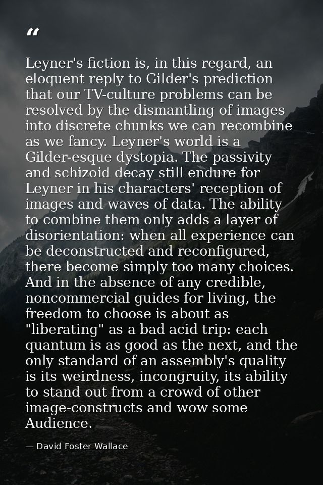 Leyner's fiction is, in this regard, an eloquent reply to Gilder's prediction that our TV-culture problems can be resolv — David Foster Wallace