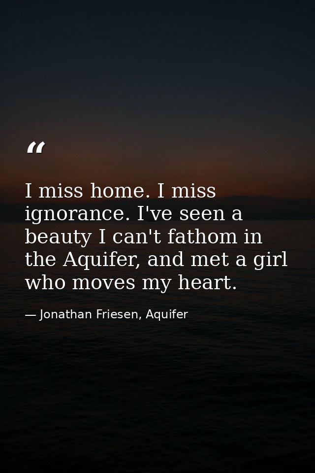 I miss home. I miss ignorance. I've seen a beauty I can't fathom in the Aquifer, and met a girl who moves my heart. — Jonathan Friesen, Aquifer