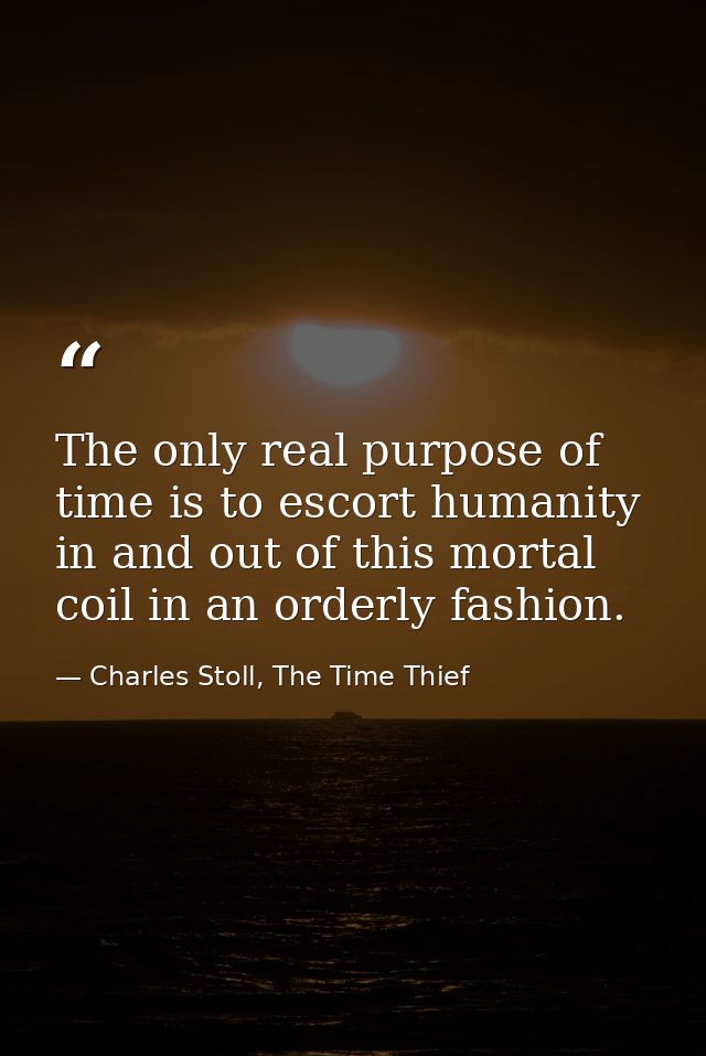 The only real purpose of time is to escort humanity in and out of this mortal coil in an orderly fashion. — Charles Stoll, The Time Thief