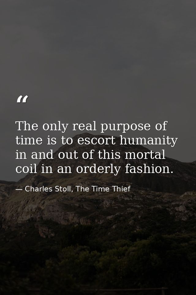 The only real purpose of time is to escort humanity in and out of this mortal coil in an orderly fashion. — Charles Stoll, The Time Thief