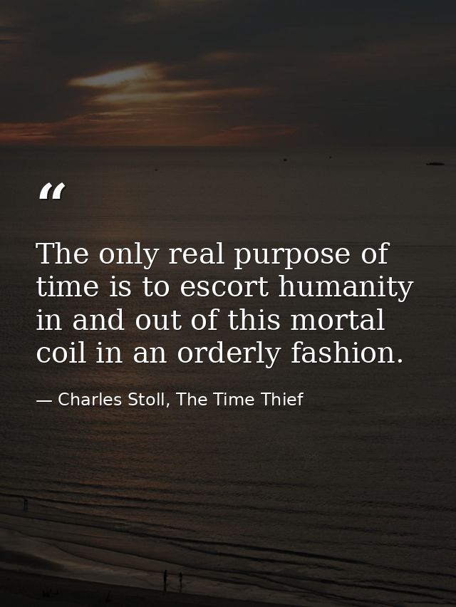 The only real purpose of time is to escort humanity in and out of this mortal coil in an orderly fashion. — Charles Stoll, The Time Thief