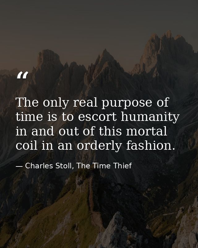 The only real purpose of time is to escort humanity in and out of this mortal coil in an orderly fashion. — Charles Stoll, The Time Thief