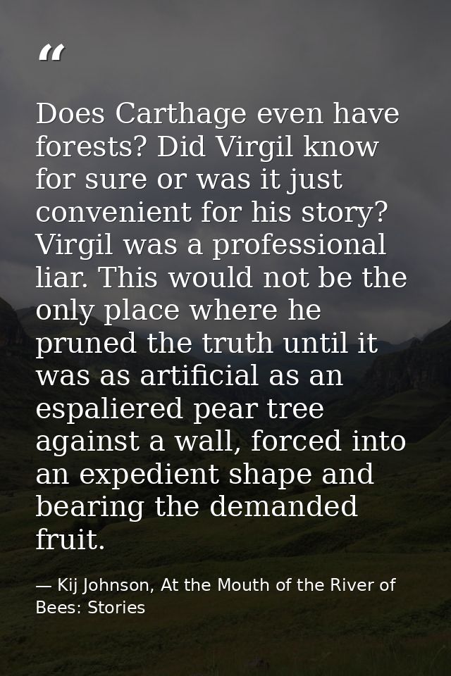 Does Carthage even have forests? Did Virgil know for sure or was it just convenient for his story? Virgil was a professi — Kij Johnson, At the Mouth of the River of Bees: Stories