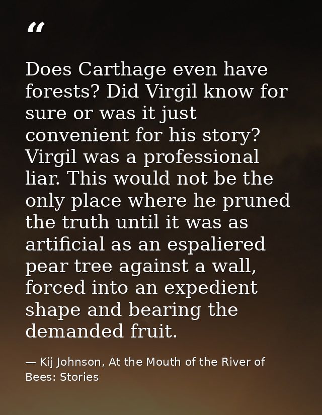 Does Carthage even have forests? Did Virgil know for sure or was it just convenient for his story? Virgil was a professi — Kij Johnson, At the Mouth of the River of Bees: Stories