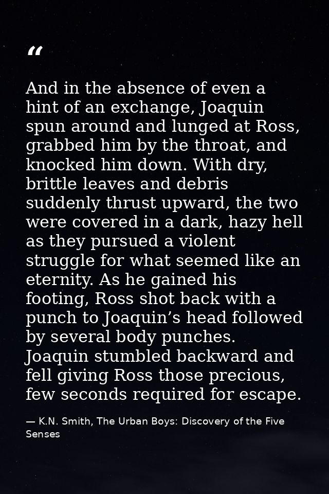 And in the absence of even a hint of an exchange, Joaquin spun around and lunged at Ross, grabbed him by the throat, and — K.N. Smith, The Urban Boys: Discovery of the Five Senses