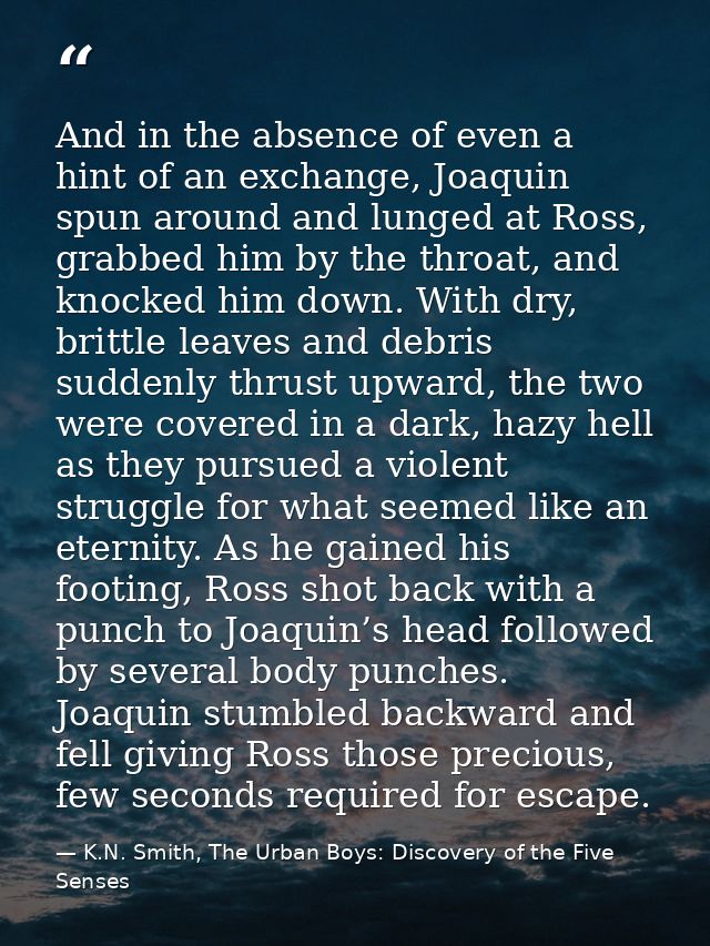 And in the absence of even a hint of an exchange, Joaquin spun around and lunged at Ross, grabbed him by the throat, and — K.N. Smith, The Urban Boys: Discovery of the Five Senses