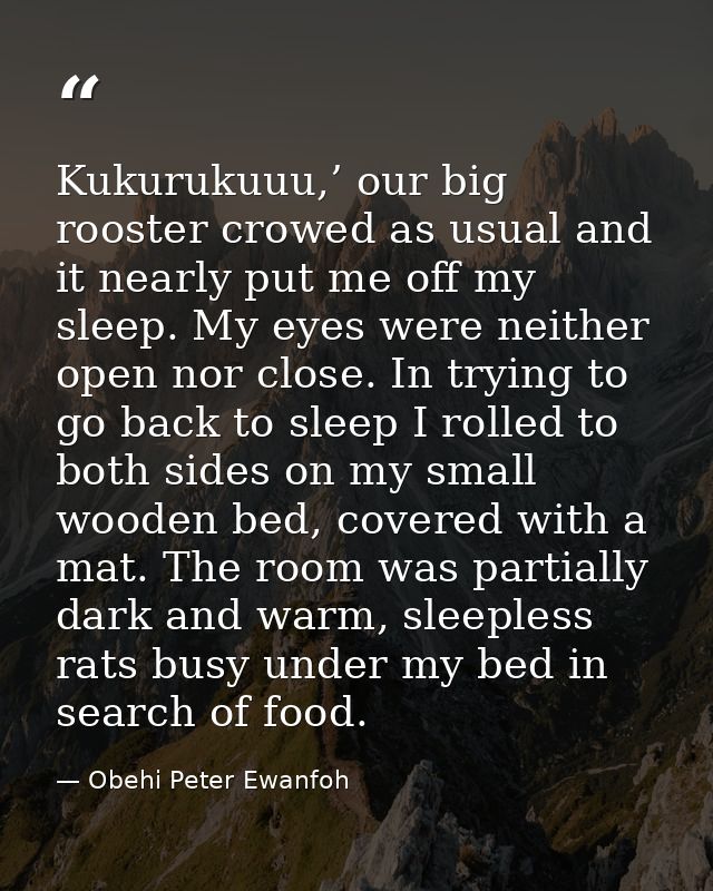 Kukurukuuu,’ our big rooster crowed as usual and it nearly put me off my sleep. My eyes were neither open nor close. In  — Obehi Peter Ewanfoh