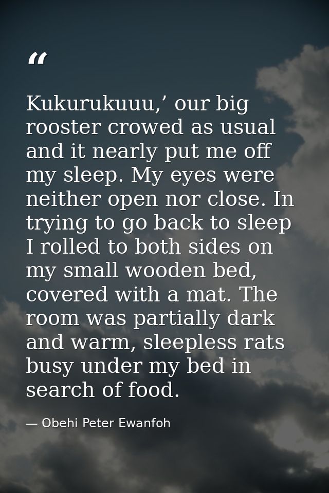 Kukurukuuu,’ our big rooster crowed as usual and it nearly put me off my sleep. My eyes were neither open nor close. In  — Obehi Peter Ewanfoh