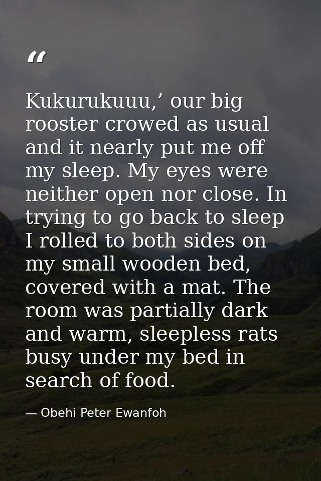Kukurukuuu,’ our big rooster crowed as usual and it nearly put me off my sleep. My eyes were neither open nor close. In  — Obehi Peter Ewanfoh