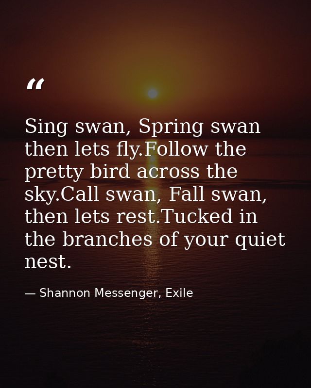 Sing swan, Spring swan then lets fly.Follow the pretty bird across the sky.Call swan, Fall swan, then lets rest.Tucked i — Shannon Messenger, Exile