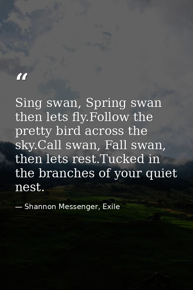 Sing swan, Spring swan then lets fly.Follow the pretty bird across the sky.Call swan, Fall swan, then lets rest.Tucked i — Shannon Messenger, Exile