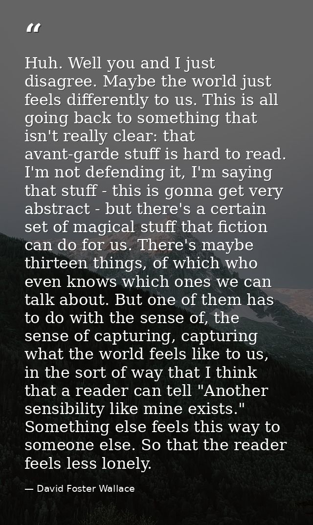 Huh. Well you and I just disagree. Maybe the world just feels differently to us. This is all going back to something tha — David Foster Wallace