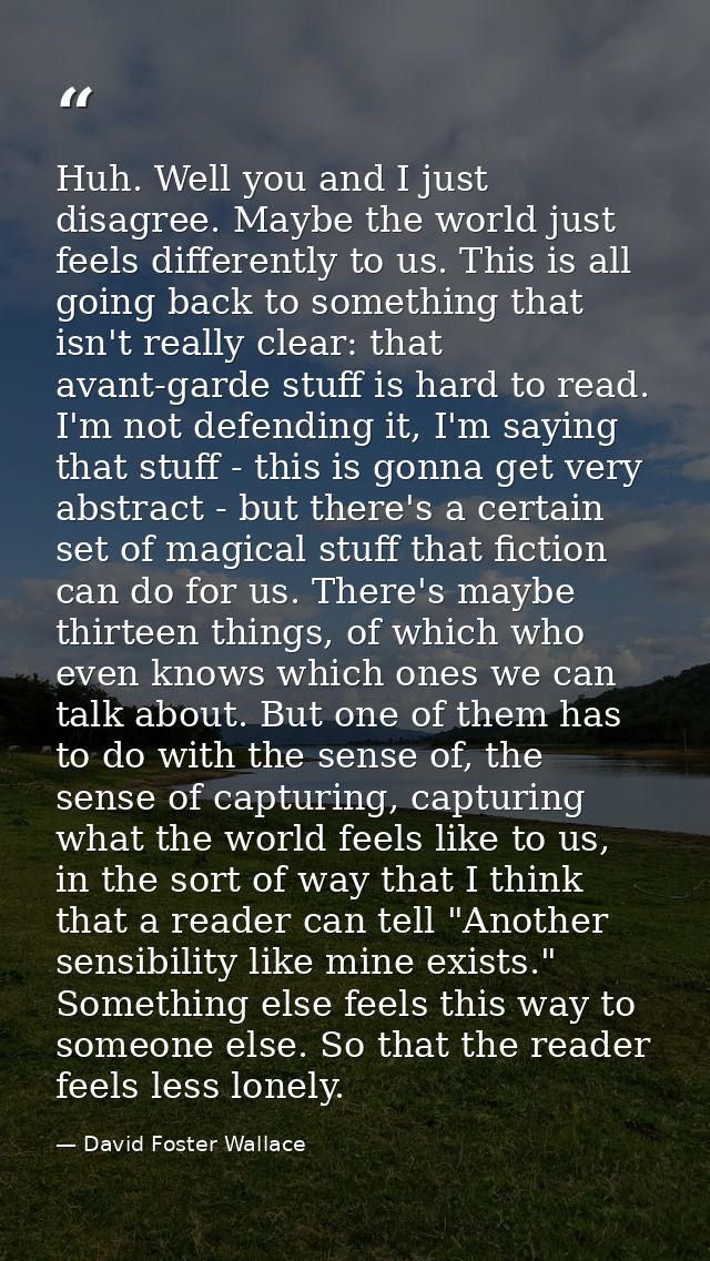 Huh. Well you and I just disagree. Maybe the world just feels differently to us. This is all going back to something tha — David Foster Wallace