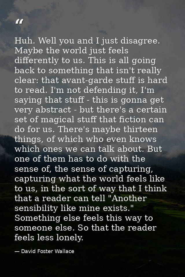 Huh. Well you and I just disagree. Maybe the world just feels differently to us. This is all going back to something tha — David Foster Wallace