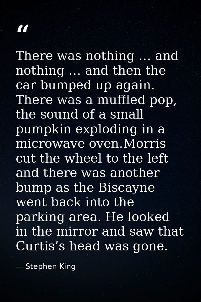 There was nothing … and nothing … and then the car bumped up again. There was a muffled pop, the sound of a small pumpki — Stephen King
