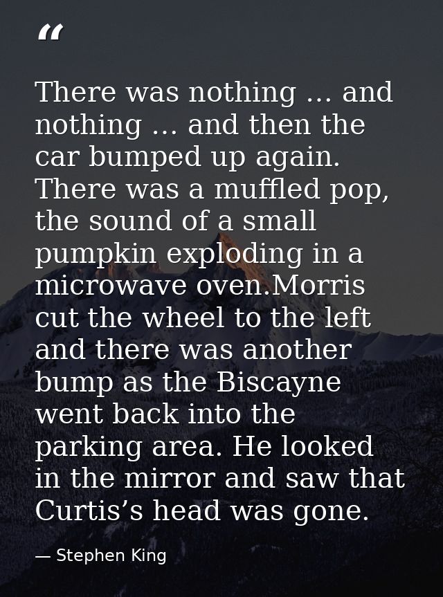There was nothing … and nothing … and then the car bumped up again. There was a muffled pop, the sound of a small pumpki — Stephen King