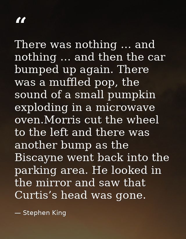 There was nothing … and nothing … and then the car bumped up again. There was a muffled pop, the sound of a small pumpki — Stephen King