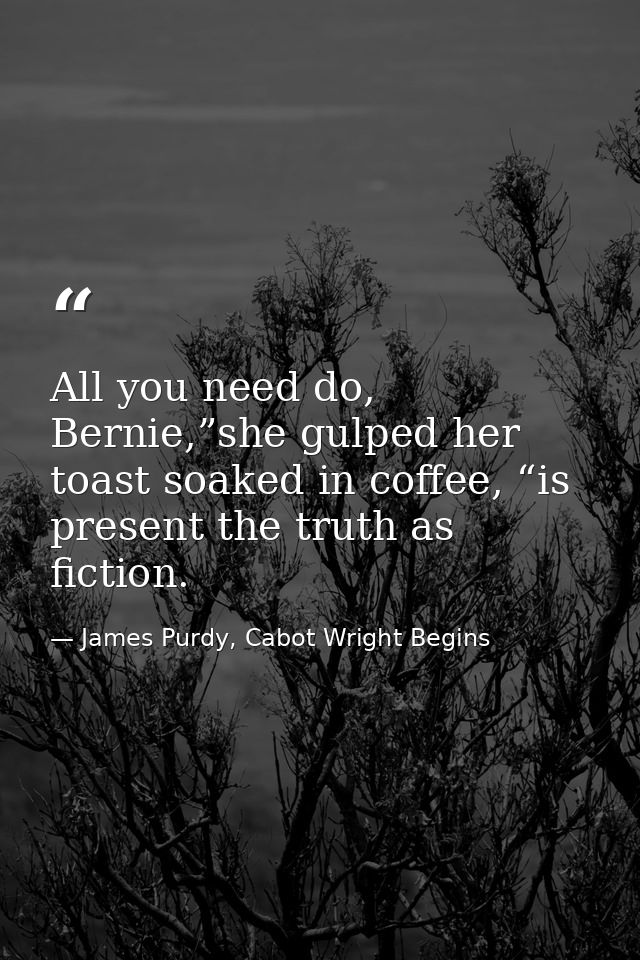 All you need do, Bernie,”she gulped her toast soaked in coffee, “is present the truth as fiction. — James Purdy, Cabot Wright Begins