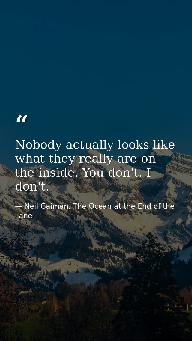 Nobody actually looks like what they really are on the inside. You don't. I don't. — Neil Gaiman, The Ocean at the End of the Lane