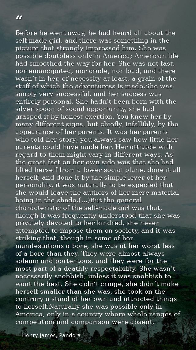 Before he went away, he had heard all about the self-made girl, and there was something in the picture that strongly imp — Henry James, Pandora