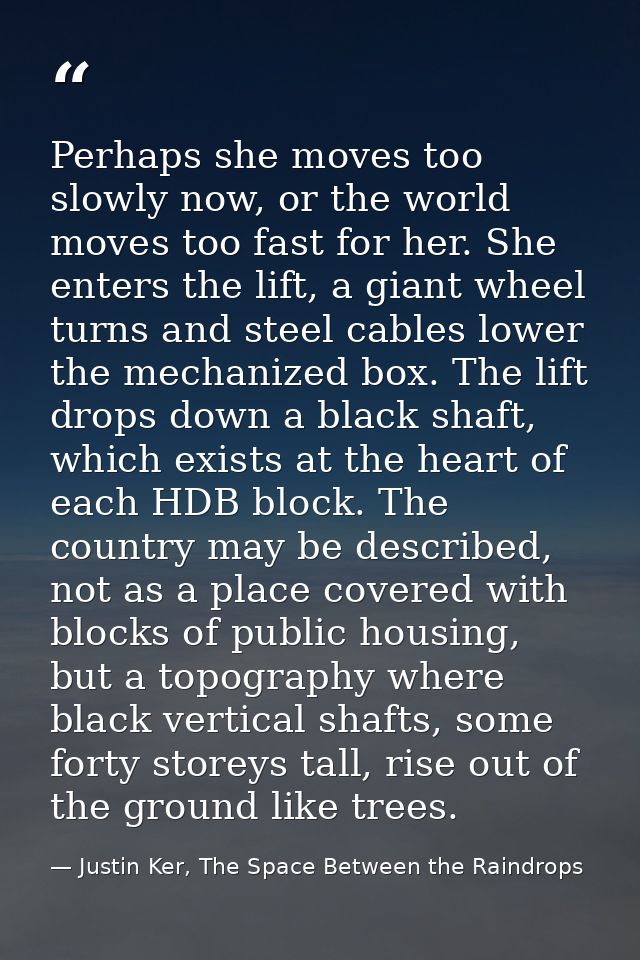 Perhaps she moves too slowly now, or the world moves too fast for her. She enters the lift, a giant wheel turns and stee — Justin Ker, The Space Between the Raindrops
