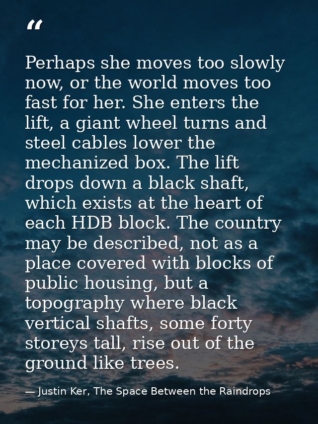 Perhaps she moves too slowly now, or the world moves too fast for her. She enters the lift, a giant wheel turns and stee — Justin Ker, The Space Between the Raindrops