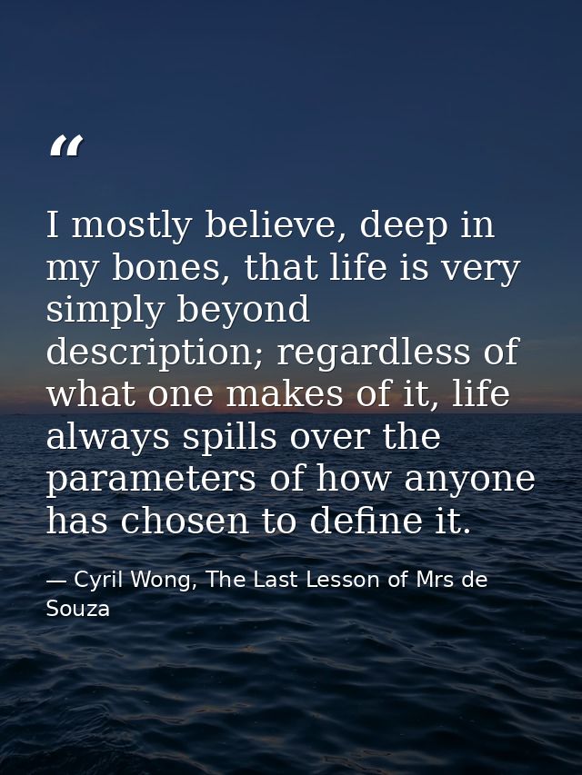 I mostly believe, deep in my bones, that life is very simply beyond description; regardless of what one makes of it, lif — Cyril Wong, The Last Lesson of Mrs de Souza