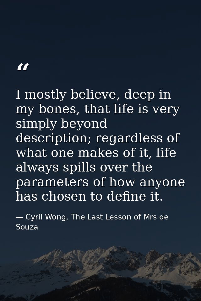 I mostly believe, deep in my bones, that life is very simply beyond description; regardless of what one makes of it, lif — Cyril Wong, The Last Lesson of Mrs de Souza