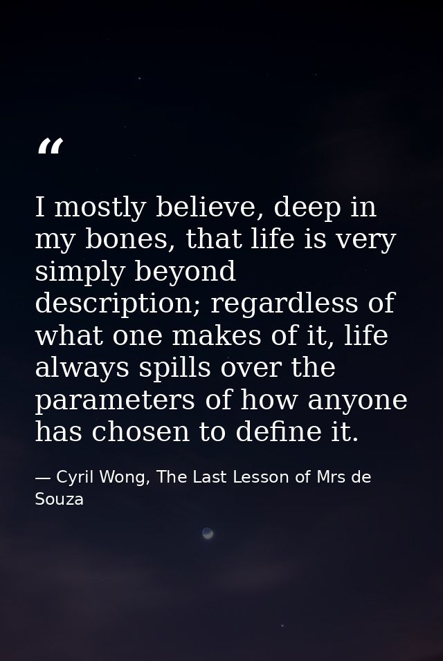 I mostly believe, deep in my bones, that life is very simply beyond description; regardless of what one makes of it, lif — Cyril Wong, The Last Lesson of Mrs de Souza