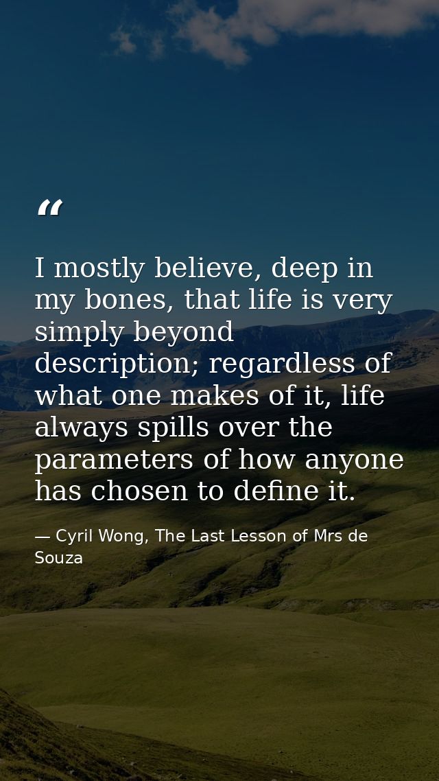 I mostly believe, deep in my bones, that life is very simply beyond description; regardless of what one makes of it, lif — Cyril Wong, The Last Lesson of Mrs de Souza