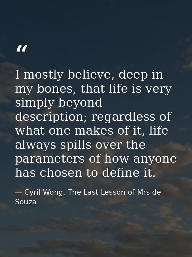 I mostly believe, deep in my bones, that life is very simply beyond description; regardless of what one makes of it, lif — Cyril Wong, The Last Lesson of Mrs de Souza