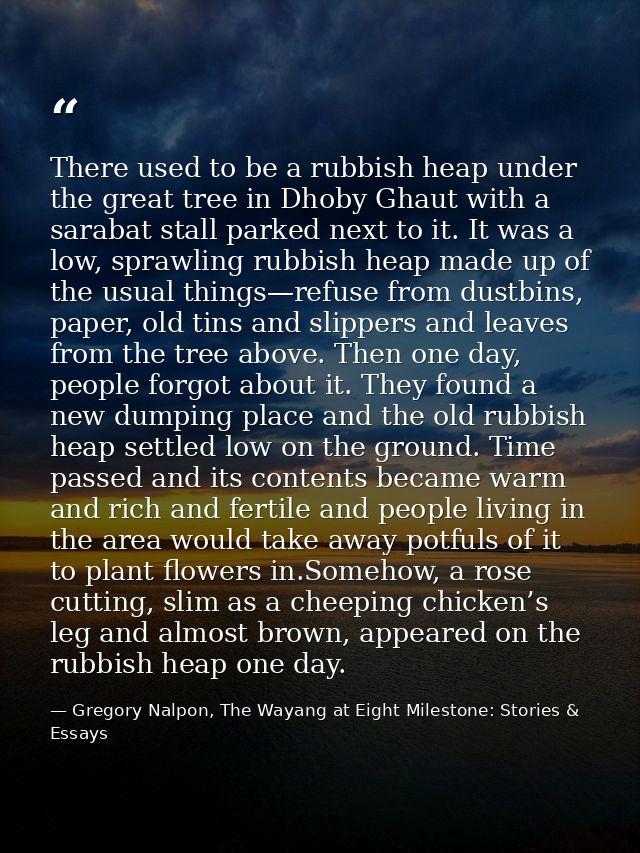 There used to be a rubbish heap under the great tree in Dhoby Ghaut with a sarabat stall parked next to it. It was a low — Gregory Nalpon, The Wayang at Eight Milestone: Stories & Essays