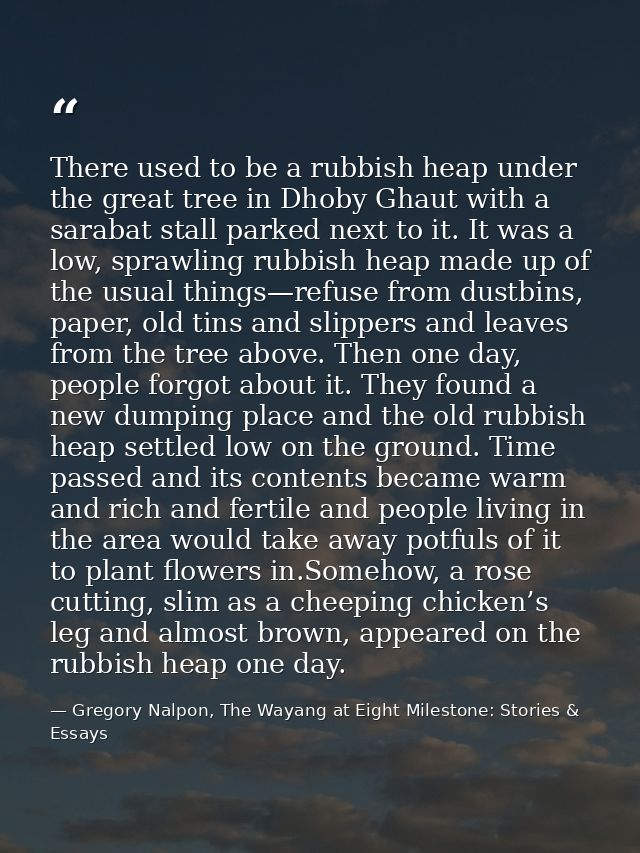There used to be a rubbish heap under the great tree in Dhoby Ghaut with a sarabat stall parked next to it. It was a low — Gregory Nalpon, The Wayang at Eight Milestone: Stories & Essays