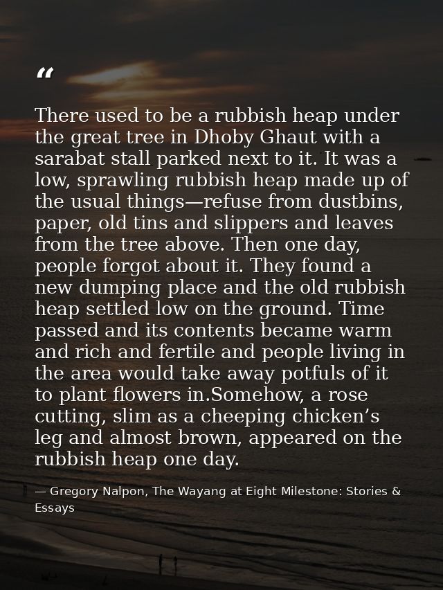 There used to be a rubbish heap under the great tree in Dhoby Ghaut with a sarabat stall parked next to it. It was a low — Gregory Nalpon, The Wayang at Eight Milestone: Stories & Essays