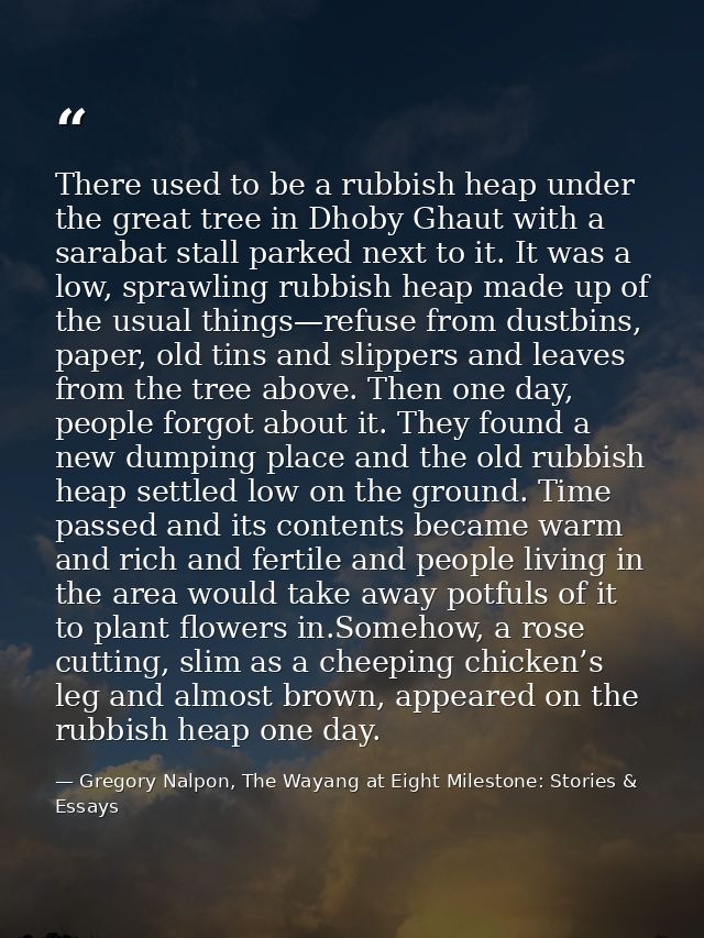 There used to be a rubbish heap under the great tree in Dhoby Ghaut with a sarabat stall parked next to it. It was a low — Gregory Nalpon, The Wayang at Eight Milestone: Stories & Essays