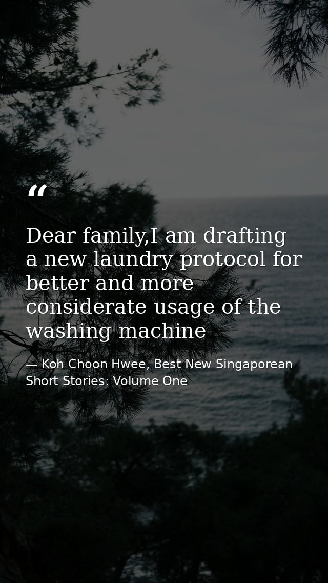 Dear family,I am drafting a new laundry protocol for better and more considerate usage of the washing machine — Koh Choon Hwee, Best New Singaporean Short Stories: Volume One