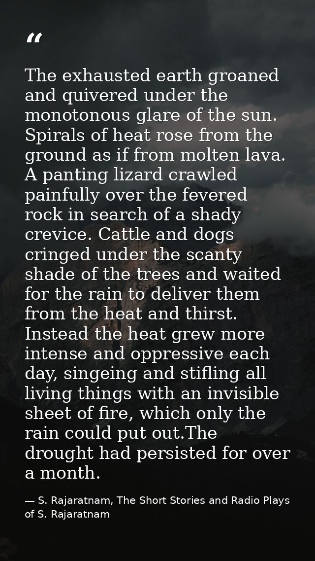 The exhausted earth groaned and quivered under the monotonous glare of the sun. Spirals of heat rose from the ground as  — S. Rajaratnam, The Short Stories and Radio Plays of S. Rajaratnam